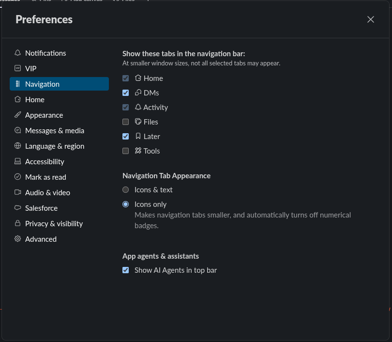 Options for the slack sidebar